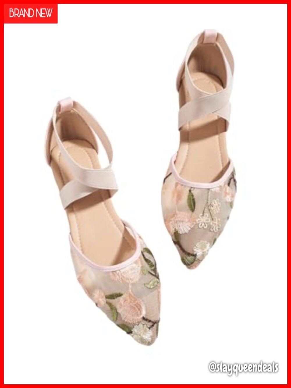 Women's Floral Embroidery Mesh Ballet Flats Pointed Toe Ankle Strap